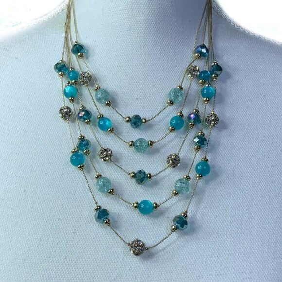 Glass Bead Crystal Necklace Cascade 5 Layer Faceted Sparkly By M. Haskell Blues - Picture 9 of 16